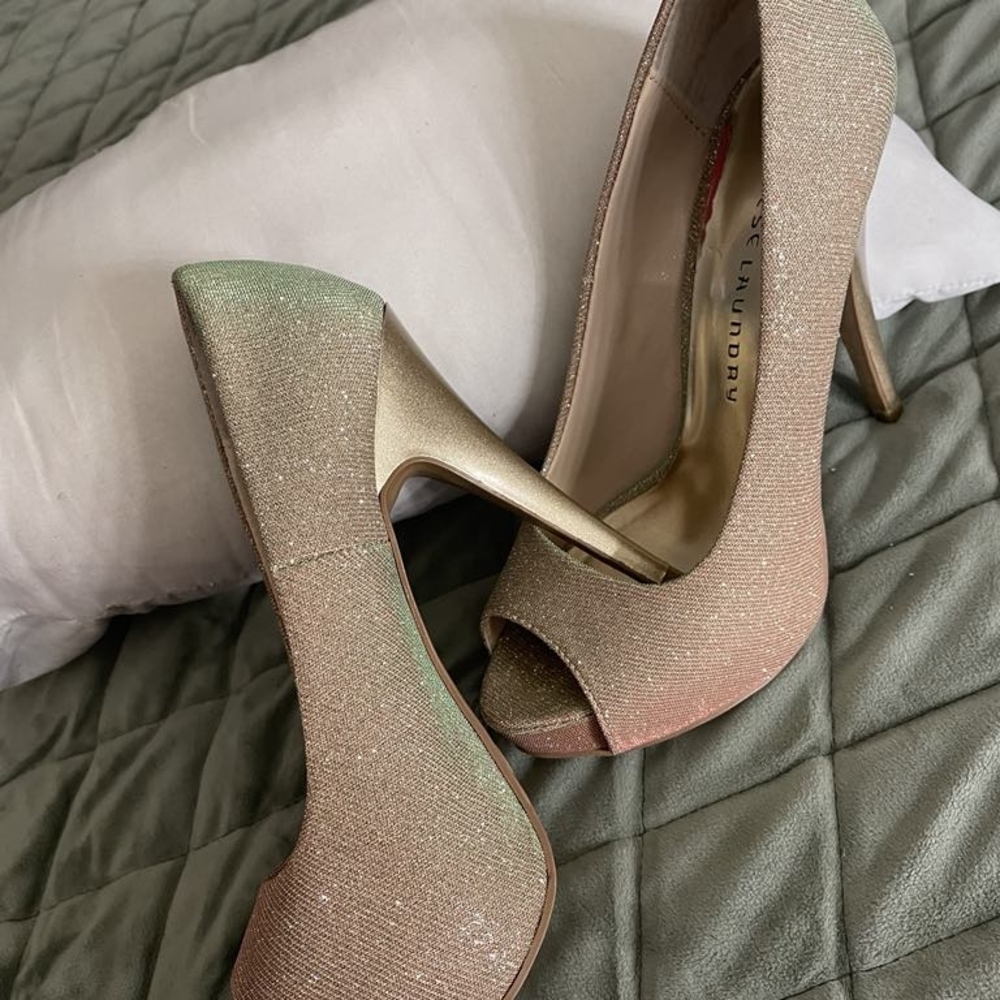 Elegant Gold and Pink Peep-Toe Heels